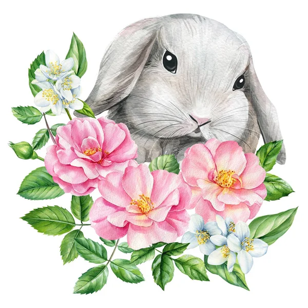 Rabbit and flower, baby bunny on isolated white background. Watercolor hand drawn illustration. Set of cute animals. High quality illustration
