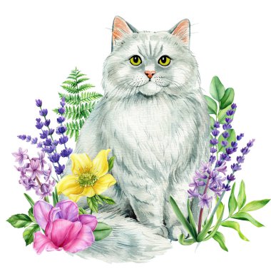 Şirin kediler suluboya çizimi. Suluboya el çizimi kedi ve bahar çiçekleri, çocukların oda tasarımı için yapraklar, poster, tebrik kartları. Yüksek kaliteli illüstrasyon