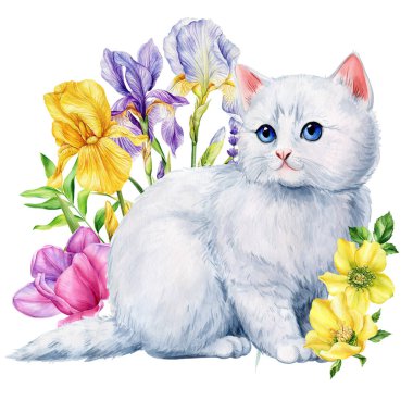 Kesilmiş kedi suluboya resmi, beyaz arka planda siyah kedili çiçekler. Elle boyanmış bahar konsepti, yaz çiçeği. Yüksek kaliteli illüstrasyon