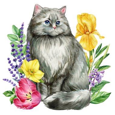 Şirin kediler suluboya çizimi. Suluboya el çizimi kedi ve bahar çiçekleri, çocukların oda tasarımı için yapraklar, poster, tebrik kartları. Yüksek kaliteli illüstrasyon