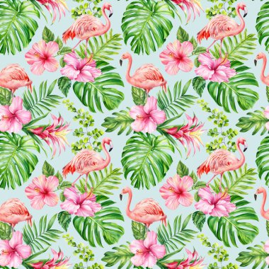 Kusursuz suluboya desenli çiçek deseni, pembe flamingo kuşu, yaz arkaplanı tropik amber çiçekleri, palmiye yaprağı. Hawaii usulü orman duvar kâğıdı. Yüksek kaliteli illüstrasyon