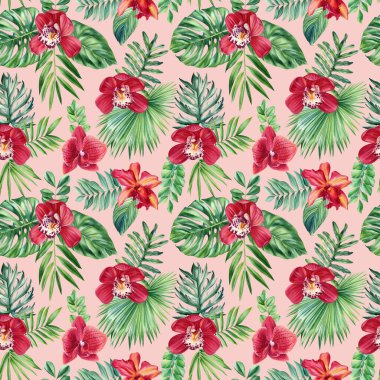 Kusursuz suluboya çiçek desenli tropik arka plan palmiye yaprağı canavarı. Hawaii usulü orman duvar kâğıdı. Kızıl Orkide çiçeği. Yüksek kaliteli illüstrasyon