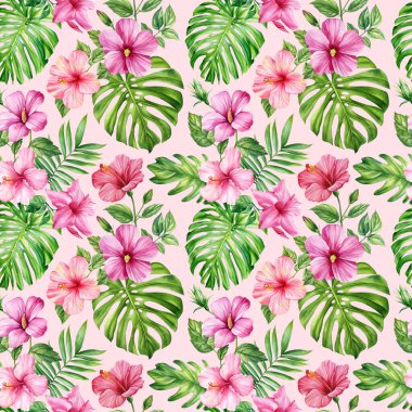 Kusursuz desenler, palmiye yaprakları seti, suluboya botanik resim. Orman çizimleri, çiçekler, canavarlar ve muz yaprağı. Tropik yeşil bitki. Yüksek kaliteli illüstrasyon