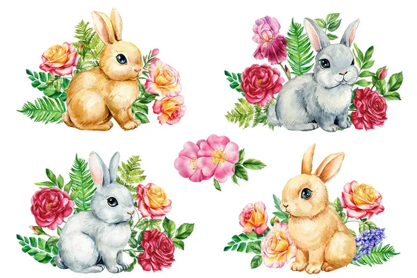 Cute bunny and roses flowers, watercolor hand drawing. spring composition, Happy baby animal, Adorable bunny with flora. rabbit cartoon, design. High quality illustration