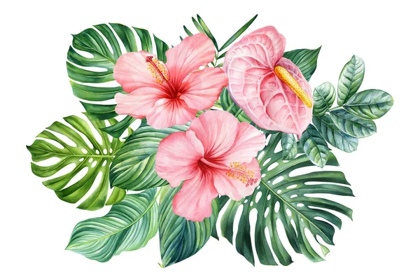 Tropical plants, palm leaves and flowers, monstera, orchid and hibiscus. Green leaves painted hand-made watercolor, botanical painting. High quality illustration