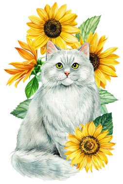 Beyaz arka planda çiçekli, kedili ve ayçiçekli bir hayvan. Suluboya el, parlak renkler çiziyor. Yüksek kaliteli illüstrasyon