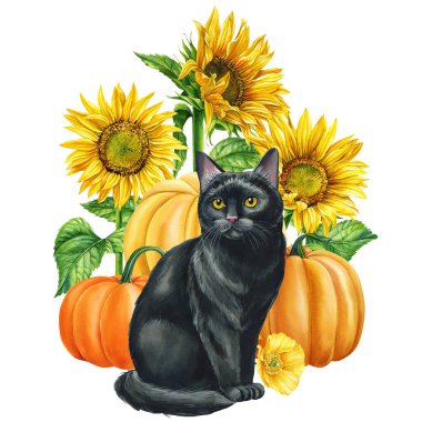 Suluboya kedi ve beyaz arka planda ayçiçekleri, yavru hayvanlı sonbahar kartpostalı, çiçekler. Tatlı kızıl kedicikler. Yüksek kaliteli illüstrasyon