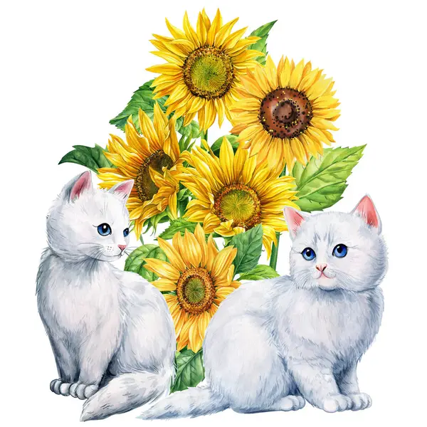 Watercolor white cats and sunflowers, Autumn postcard with baby animal, flowers. Cute white kittens and flora, design. High quality illustration