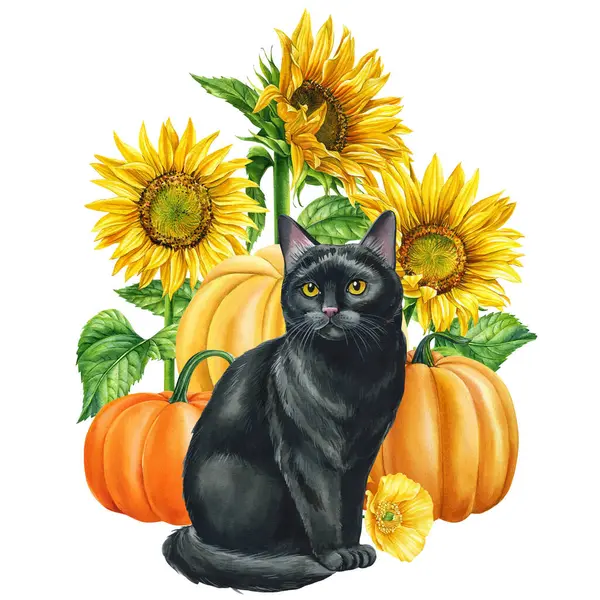 Suluboya kedi ve beyaz arka planda ayçiçekleri, yavru hayvanlı sonbahar kartpostalı, çiçekler. Tatlı kızıl kedicikler. Yüksek kaliteli illüstrasyon