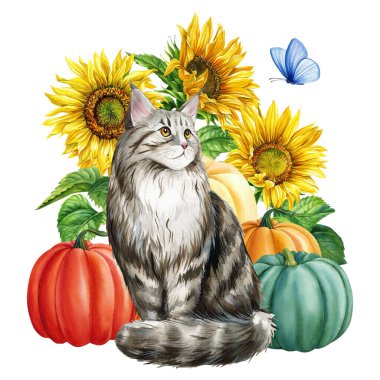 Tatlı zencefilli kedi yavrusu ve sarı çiçekler, ayçiçeği, kelebekler ve balkabağı soyutlanmış arka plan, sonbahar çiçekli hayvan. Yüksek kaliteli illüstrasyon