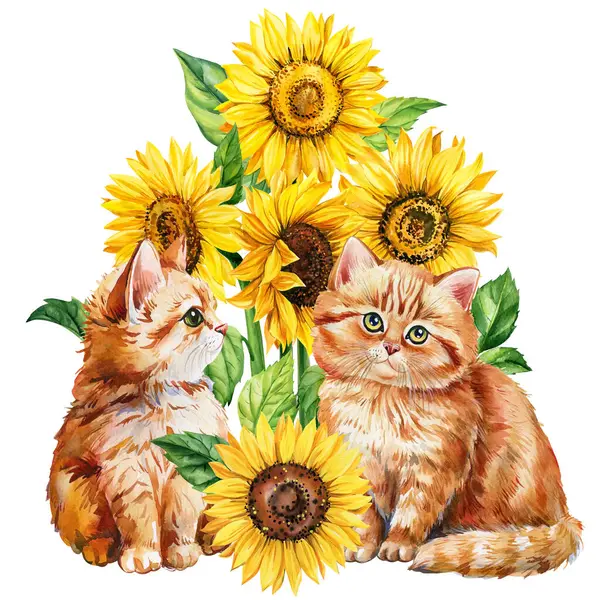 Watercolor cat and sunflowers on a white background, Autumn postcard with baby animal, flowers. Cute ginger kittens . High quality illustration