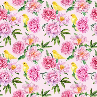 Çiçeklerle kusursuz desen. Suluboya kuşlar ve şakayık çiçekleri izole edilmiş arka plan. İlkbahar romantik unsurları, el çizimi. Yüksek kaliteli illüstrasyon