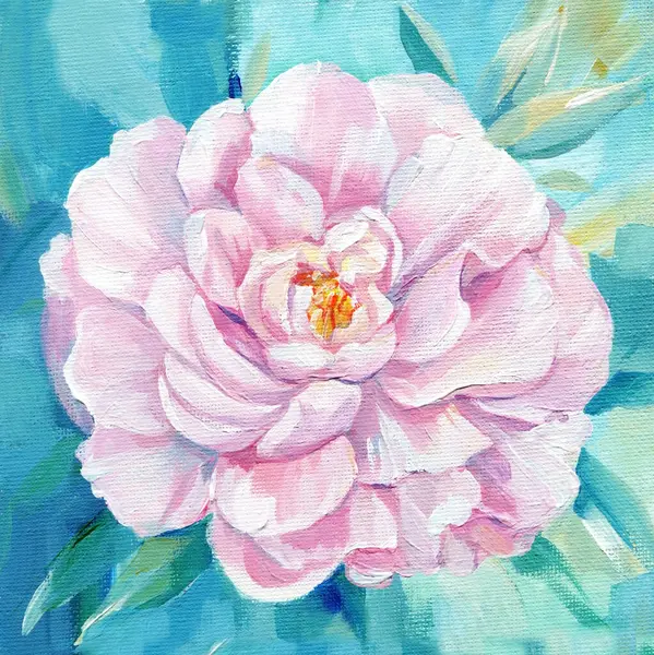 粉红牡丹画在帆布上用油 丙烯酸画 印象派画的是盛开的花草 蓝色背景 高质量的例证 — 图库照片