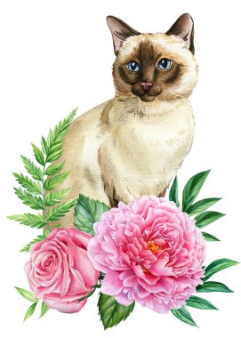 Güllü şirin bir kedi, şakayık çiçekleri, izole edilmiş beyaz arka planda yapraklar, hayvanların resimli posteri, suluboya. Yüksek kaliteli illüstrasyon