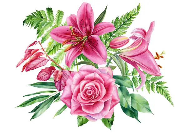 Ροζ Σετ Λουλουδιών Τριαντάφυλλο Φύλλα Και Κρίνο Απομονωμένα Λευκό Φόντο Εικόνα Αρχείου