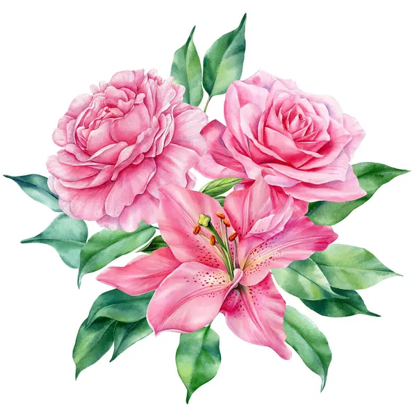 Rosa Blommigt Set Pion Ros Och Lilja Blomma Isolerad Vit Royaltyfria Stockbilder