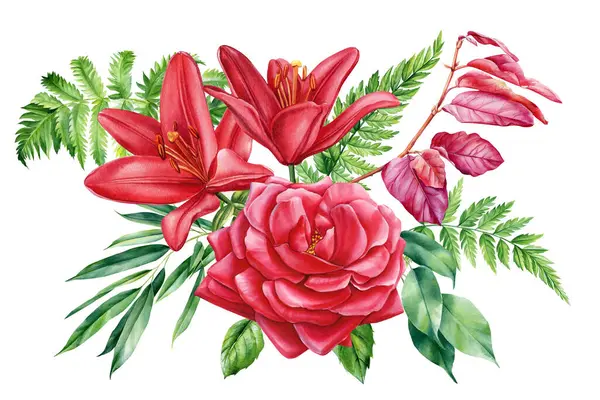 Rosa Blommigt Set Pion Ros Och Lilja Blomma Isolerad Vit Stockbild