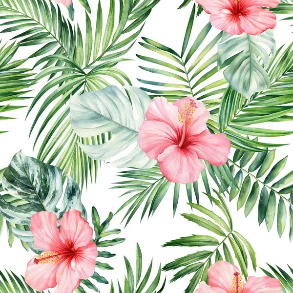 Tropiska Palmblad Och Blommor Sömlöst Mönster Blommig Bakgrund Akvarell Hand Stockbild