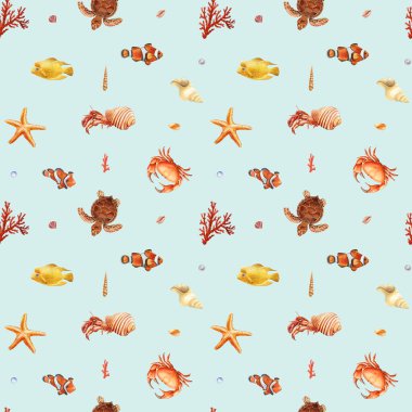 Suluboya deniz kabuğu pürüzsüz desen. Su altı yaratıkları, yengeç, denizyıldızı, deniz kabuğu mercanı, deniz tasarımı duvar kağıdı. Yüksek kaliteli illüstrasyon