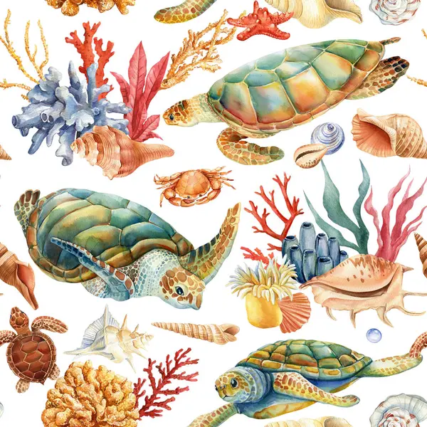 Риф Симпатичные Бесшовные Черепахи Крабы Кораллы Морской Опыт Акварель Иллюстрации Стоковое Фото