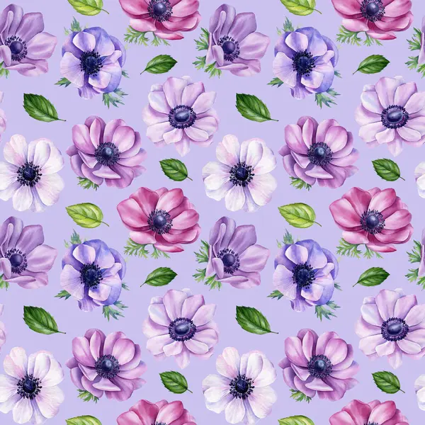 Anemone Watercolor Flowers Seamless Pattern Flowers Leaf Background Template Modern Royalty Free Stock Obrázky