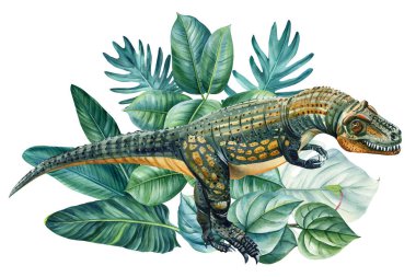 Dinozor suluboya resim çizimi. Orman, dino ve palmiye yaprakları. Beyaz arka planda izole edilmiş gerçekçi bir dinozor. - Evet. Yüksek kaliteli illüstrasyon