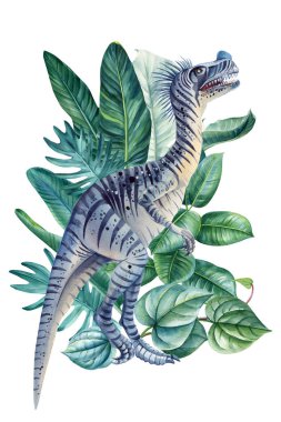 Dinozor suluboya resim çizimi. Orman, dino ve palmiye yaprakları. Beyaz arka planda izole edilmiş gerçekçi bir dinozor. - Evet. Yüksek kaliteli illüstrasyon
