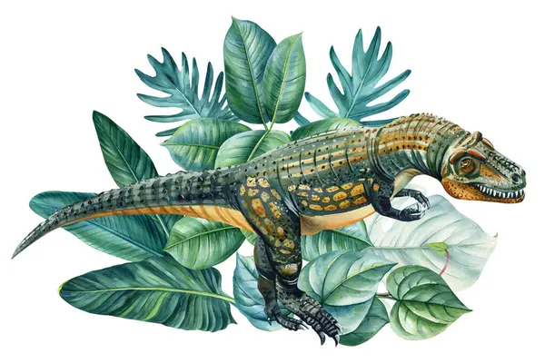 stock image Dinosaur watercolor painting illustration. Jungle, dino and palm leaves elements. Realistic dinosaur isolated on white background. . High quality illustration