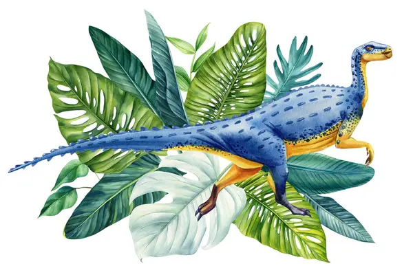 stock image Dinosaurs in tropical forest, jungle palm leaves watercolor painting, Hand painted watercolor dinosaurs illustration . High quality illustration