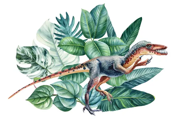 Dinosaur Watercolor Painting Illustration Jungle Dino Palm Leaves Elements Realistic Royalty Free Stock Obrázky