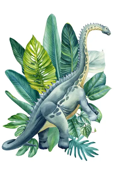 Dinosaur Watercolor Painting Illustration Jungle Dino Palm Leaves Elements Realistic Stock Snímky