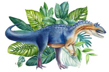 Tropikal ormandaki dinozorlar, orman palmiyesi suluboya resimler, suluboya dinozor resimleri. Yüksek kaliteli illüstrasyon