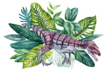 Tropikal ormandaki dinozorlar, orman palmiyesi suluboya resimler, suluboya dinozor resimleri. Yüksek kaliteli illüstrasyon