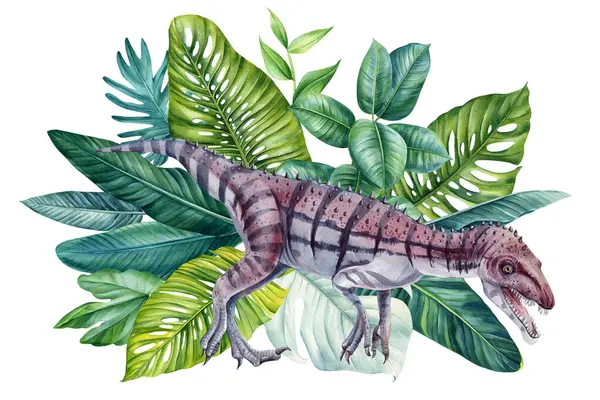 Tropikal ormandaki dinozorlar, orman palmiyesi suluboya resimler, suluboya dinozor resimleri. Yüksek kaliteli illüstrasyon