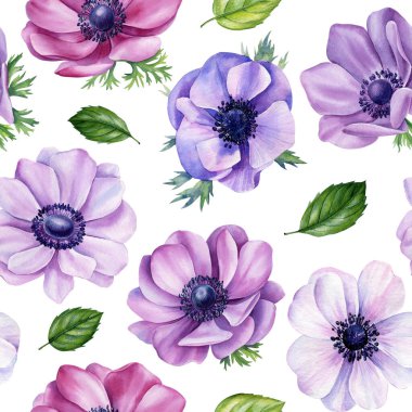 Anemone Suluboya çiçekleri. Yaprak arkaplan şablonlu kusursuz çiçek deseni. Modern kusursuz desen. Yüksek kaliteli illüstrasyon