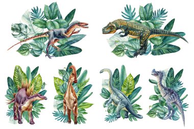 Dinozor suluboya resim çizimi yaptı. Orman, dino ve palmiye yaprakları. Beyaz arka planda izole edilmiş gerçekçi bir dinozor. - Evet. Yüksek kaliteli illüstrasyon