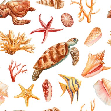 Suyun altında kusursuz bir düzen var. Deniz kabukları, balıklar, denizyıldızları, mercanlar ve deniz kaplumbağaları. Yaz tipi suluboya. Deniz hayvanı. Yüksek kaliteli illüstrasyon