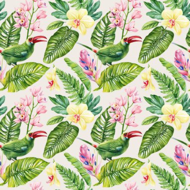 Çiçek deseni, kuş, tropik yapraklar ve çiçeklerle kusursuz bir arka plan. Suluboya resim çizimi. Tukan ve orkide. Yüksek kaliteli illüstrasyon