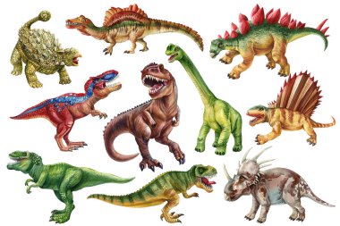 Beyaz arka planda izole edilmiş gerçekçi bir dinozor. Tarih öncesi dinozorların el boyası illüstrasyon seti. Dino clipart. Yüksek kaliteli illüstrasyon