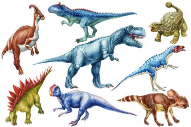 Gerçekçi dinazor, izole edilmiş beyaz arka plan. Elle boyanmış suluboya farklı dinozorlar çizimi. Dino clipart. Yüksek kaliteli illüstrasyon