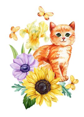 Kedi Suluboya. Tatlı kızıl kedi yavrusu ve çiçekler. Ayçiçeği, şakayık, süsen çiçeği ve beyaz arka planda kelebekler, çiçekli yavru hayvan. Flora 'daki Kitty Yüksek Kaliteli Resim