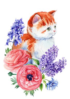 Kedi Suluboya. Tatlı zencefilli kedi ve çiçekler. Gül, çiçek, leylak ve kedicik. Çiçekli kartpostal yavru hayvan. Flora 'daki Kitty Yüksek Kaliteli Resim