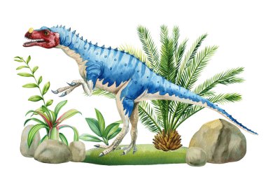 Suluboya dinozor Velociraptor, tarih öncesi manzaralı illüstrasyon, bitkiler ve palmiye ağacı. Yeşil Dinozor, tropikal klipte. Yüksek kaliteli illüstrasyon