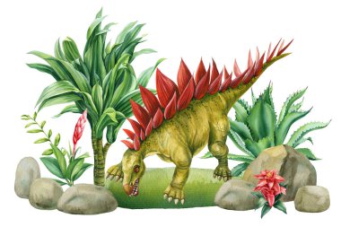 Tarih öncesi manzaralı dinozor suluboya çizimi, palmiye, bitki. El çizimi Detaylı dinazor tırmanışı. Stegosaurus . Yüksek kaliteli illüstrasyon