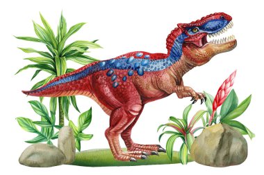 Tarih öncesi manzarası olan Tyrannosaurus rex, Dinozorlar suluboya çizimi. El yapımı tarih öncesi hayvan çizimi. Yüksek kaliteli illüstrasyon
