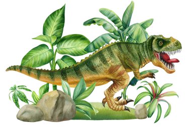 Dinozorlar suluboya resim yapıyor. Tarih öncesi manzaraya sahip Tyrannosaurus rex, Tarih öncesi hayvan çizimi, Orman palmiyesi. Yüksek kaliteli illüstrasyon