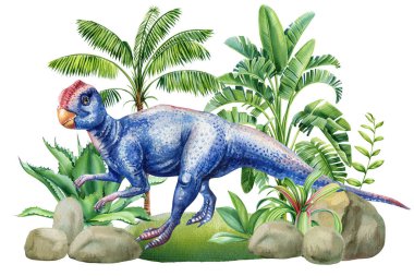 Suluboya dinozor Velociraptor, tarih öncesi manzaralı illüstrasyon, bitkiler ve palmiye ağacı. Yeşil Dinozor, tropikal klipte. Yüksek kaliteli illüstrasyon
