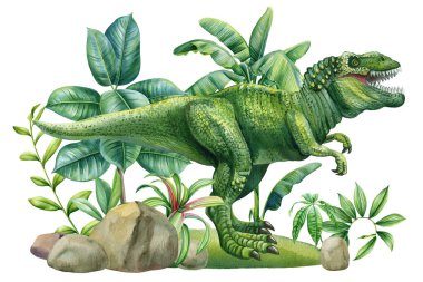 Tropikal ormanlardaki dinozorlar, Tyrannosaurus rex suluboya, Hand suluboya dinozor resimli poster tasarımı. Yüksek kaliteli illüstrasyon