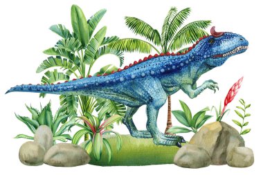 Tarih öncesi manzaralı dinozor suluboya çizimi, palmiye, bitkiler. El çizimi Detaylı dinazor tırmanışı. Yüksek kaliteli illüstrasyon