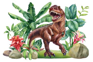Tarih öncesi manzarayla Tyrannosaurus rex, Tyrex Dinozorları suluboya elle tarih öncesi hayvan resimlerini çizdi. Yüksek kaliteli illüstrasyon